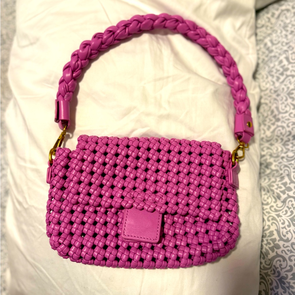Pink Woven Handbag with Braided Handle